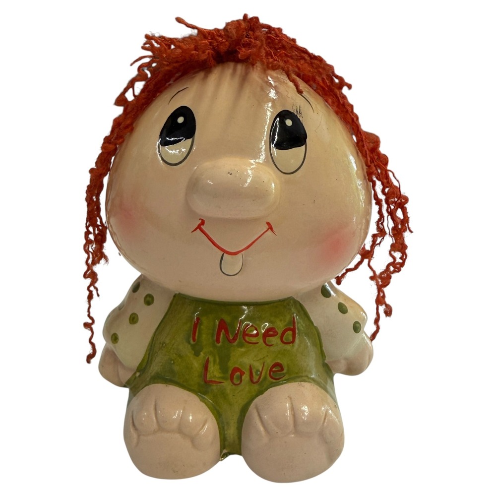 Ceramic Coin Bank Unisex OS Green‎ Good I Need Love Vintage Yarn Hair